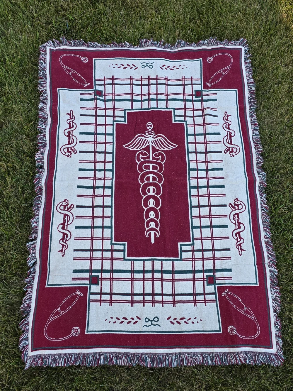 Vintage Medical Caduceus Fringe Woven Throw Blanket 63x43